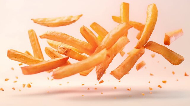 Golden french fries flying and falling on a white background.