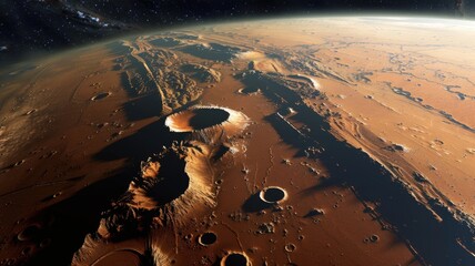 the surface of Mars, highlighting features like Olympus Mons and Valles Marineris . World space week