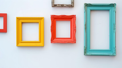 Aesthetic set of empty vintage picture frames of different shapes, bright colors, layout, white backdrop. Generative AI