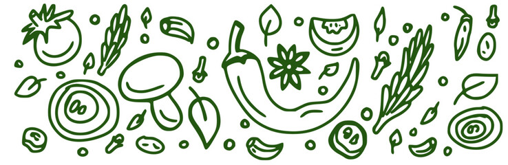 Banner. Spices and vegetables background. Vector background with handmade herbs. Sketch design.