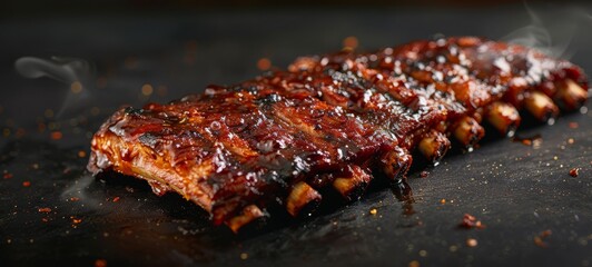 Smoky pork ribs with barbecue glaze.
An enticing image of smoky pork ribs, coated in a thick barbecue glaze and sprinkled with spices, appealing to barbecue lovers and home cooks.