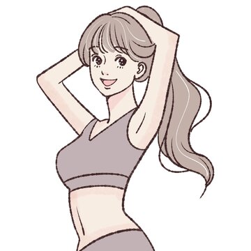 woman in sportswear smiling, hands up clip art preview
