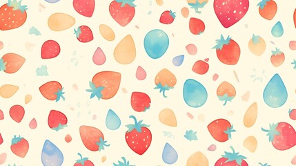 Watercolor painting of strawberries in raindrops painted in cubist style with soft pastel colors seamless pattern