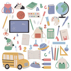 Set of cute school stationery in cartoon style. Cute accessories for studying, student equipment. Back to school elements.