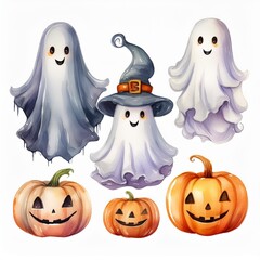 Set of cute watercolor Halloween's Day elements. Isolated on white background. Can be used for Halloween's day, greeting cards and invitations. Hand drawn watercolor illustration.