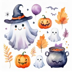Set of cute watercolor Halloween's Day elements. Isolated on white background. Can be used for Halloween's day, greeting cards and invitations. Hand drawn watercolor illustration.