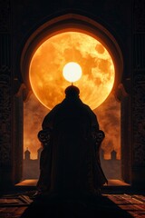 Islamic prophet and ruler in the holy temple during prayer. Muslim temple.