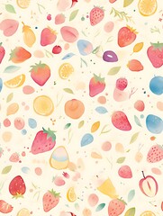 Watercolor painting of strawberries in raindrops painted in cubist style with soft pastel colors seamless pattern