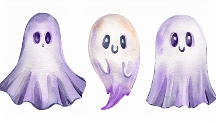 Obraz premium Set of cute watercolor Halloween's Day elements. Isolated on white background. Can be used for Halloween's day, greeting cards and invitations. Hand drawn watercolor illustration.