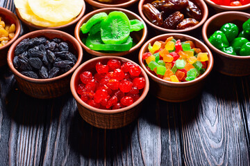 Group of dried and candied fruit in bowl