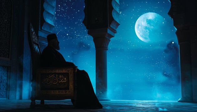 Islamic prophet and ruler in the holy temple during prayer. Muslim temple.