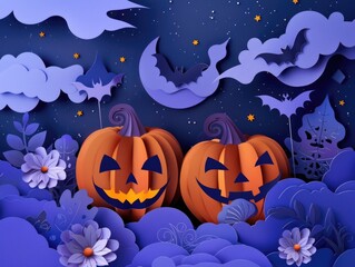 Fototapeta premium Two pumpkins sit on a lush green field, perfect for autumn or Halloween scenes