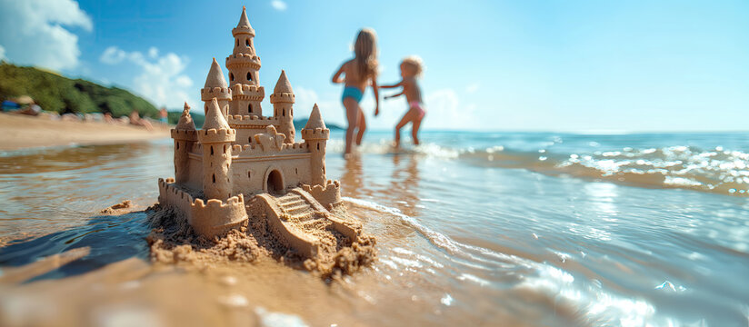 Detailed sandcastle on a beach with two children playing near the water under a clear blue sky.