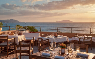 Obraz premium This serene image features an outdoor dining area at sunset with tables set with wine glasses, plates, and candles, The golden glow of the sun enhances the picturesque ocean view.