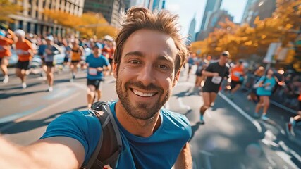A runner smiles broadly as he takes a selfie during a crowded marathon.  The photo captures the joy and energy of the event.