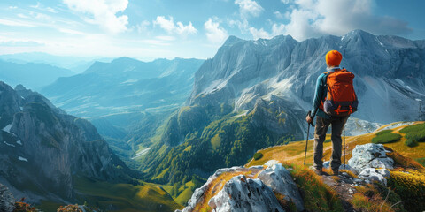 A hiker stands on a rocky outcrop, admiring a stunning panoramic view of rugged mountains and lush valleys.