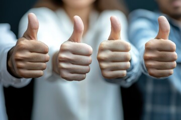 Group of disappointed young multiethnic people give thumbs down, hands in closeup. Diverse business team shows dislike of bad work results. Multiracial corporate and refuse a person, ai