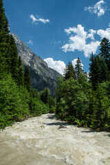 Obraz premium Magnificent Georgian Svaneti mountains. Streams flowing through Svaneti mountains and valleys. Svaneti mountains and streams. Magnificent Svaneti forests.