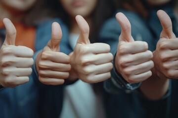 Group of disappointed young multiethnic people give thumbs down, hands in closeup. Diverse business team shows dislike of bad work results. Multiracial corporate and refuse a person, ai