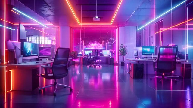 Neon lights illuminate a futuristic gaming room with multiple computers and gaming chairs.  The vibrant colors create a dynamic and energetic atmosphere.