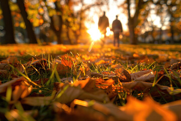 a autumn garten with big grass and sunset, family walking in background