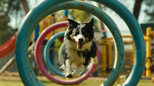 A border collie jumping through pastel-colored hoops in a backyard, with a pastel-themed agility course set up.