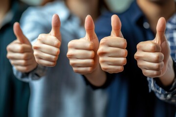 Group of disappointed young multiethnic people give thumbs down, hands in closeup. Diverse business team shows dislike of bad work results. Multiracial corporate and refuse a person, ai