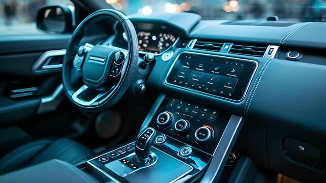 Modern car interior with leather seats, steering wheel and dashboard.