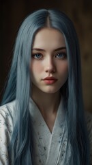 Fototapeta premium A woman with blue hair and a white shirt has a blue hair.
