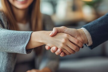 Happy bank worker, realtor or loan advisor shaking hands with grateful client. Young woman making deal with business partner. Office meeting, respect, appreciation, cooperation, transaction, ai