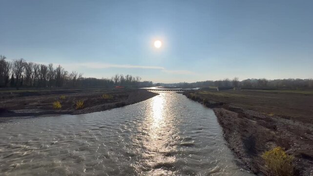 panoramic river Enza in Montecchio Emilia Reggio Emilia in calm water sunny day . High quality 4k footage