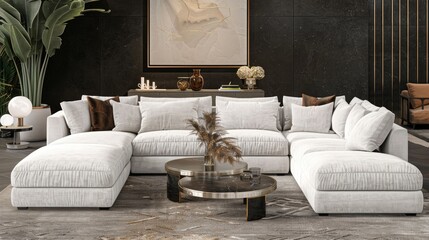 A spacious living room featuring a contemporary sectional sofa, modern coffee table, and lush greenery, illuminated by abundant natural light