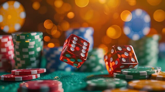 Close up of dice and chips falling on a black surface.  A red dice with white dots is in focus in the foreground.  
