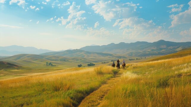 Three riders on horseback traverse a golden grassy path with distant mountains under a vibrant sky.