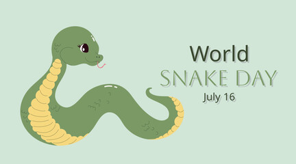 Minimalistic horizontal banner for July 16th World Snake Day. Cute cartoon snake. Holiday concept