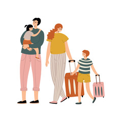 Vector illustration of a family with suitcases on a white background. Mother, father, son and daughter are going on a trip. Happy traveling tourist family
