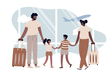 Happy African American family in the airport with suitcases. Happy father, mother, son and daughter are ready to travel.Family vacation and travel concept