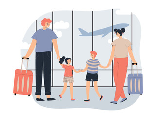 Cartoon family at the airport with suitcases. Happy father, mother, son and daughter ready for vacation.Family vacation and travel concept