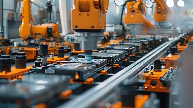 Industrial robotic arms assemble products on an automated assembly line.  The image showcases the advancement of modern manufacturing.