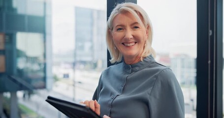 Business, mature woman and face with tablet in office for schedule meeting, project tracking and client proposal. Account manager, happy and online for task management, financial overview and review.