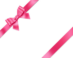 Pink Ribbon Bow Realistic shiny satin with shadow place on corner of paper for decorate your wedding invitation card,greeting card, certificate or gift boxes vector EPS10 isolated on white background.
