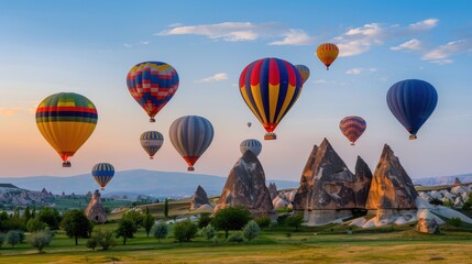 Fototapeta premium Hot air balloons rise gently into the sky, displaying vibrant colors against the backdrop of Cappadocia's iconic rock formations during the early morning light