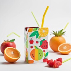 A fun and colorful juice box with a straw, featuring a playful fruit design, white background