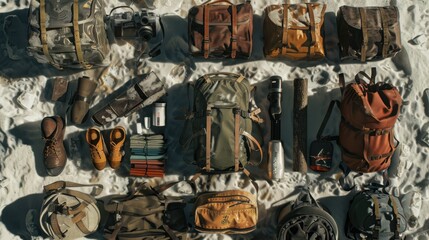 Fototapeta premium 83. Winter Survival Kit, realistic style, earth tones, metallic pattern, aerial view, ambient light, shadows,