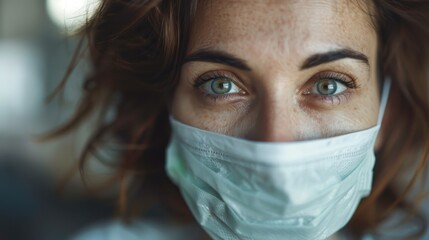 A detailed close-up of a woman wearing a protective mask, emphasizing her mesmerizing green eyes, freckles, and a serious expression, capturing the essence of the pandemic era.