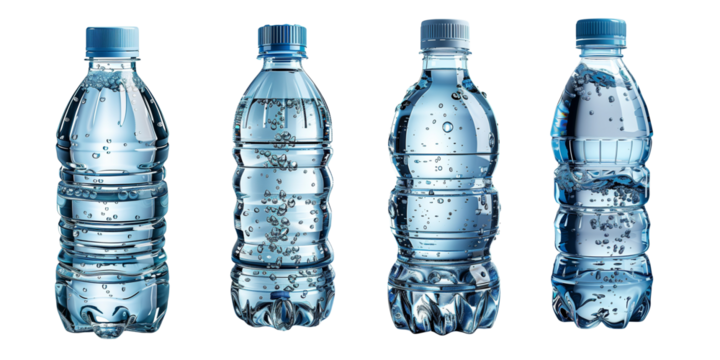 Four clear plastic water bottles filled with sparkling water isolated on a white background, showcasing various sizes and shapes.