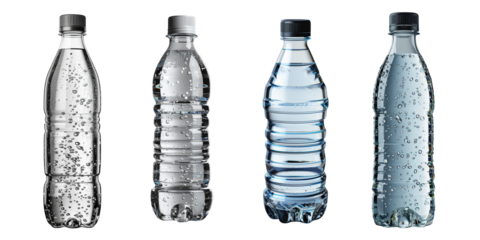 Set of four clear plastic water bottles with bubbles, isolated on a white background. Perfect for hydration and fitness themes.