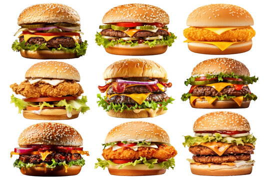 PNG burger fast food element set, transparent background