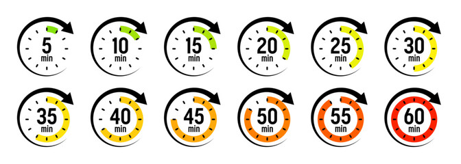 Stopwatch icons with pointer arrow. Colorful chronometer, time counter with dial. Countdown time, hours and minutes. Deadline, sport measurement. Cooking time label, sticker. Vector illustration