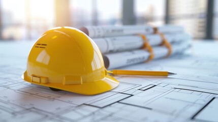 A bright yellow hard hat rests on architectural blueprints, alongside rolled-up plans and a pencil, symbolizing construction and engineering work